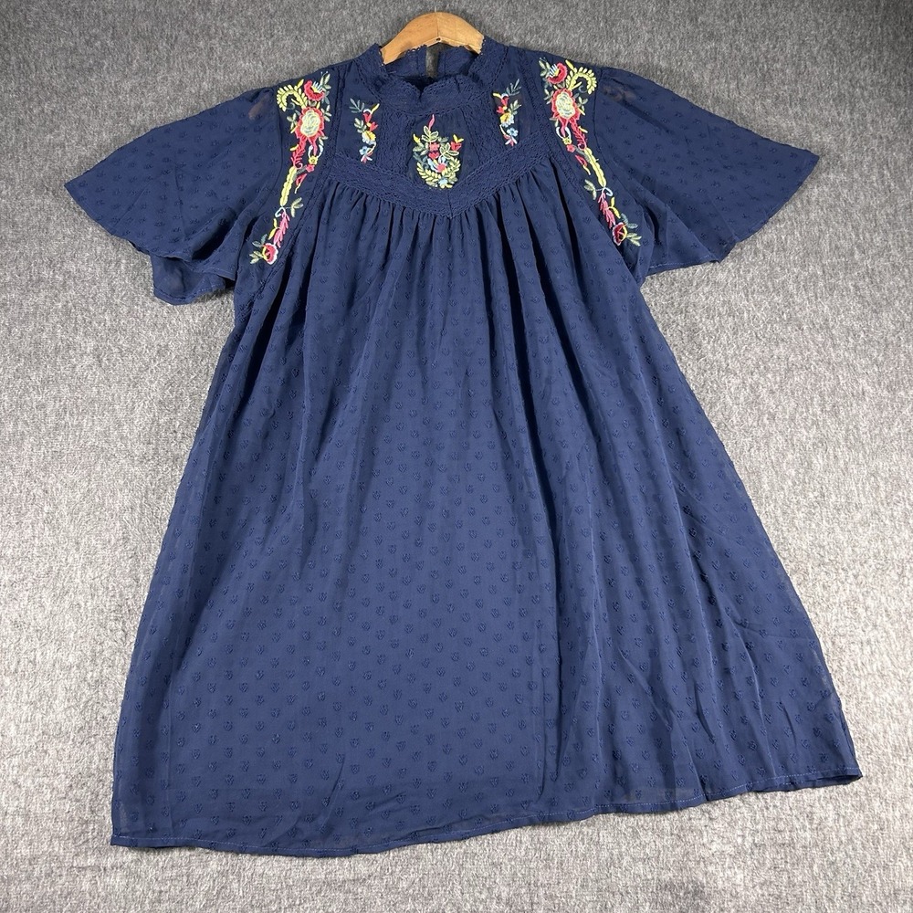 Wonen's Embroidered Navy Blue Boho Peasant Mini Dress Women's SZ  M Festival New
